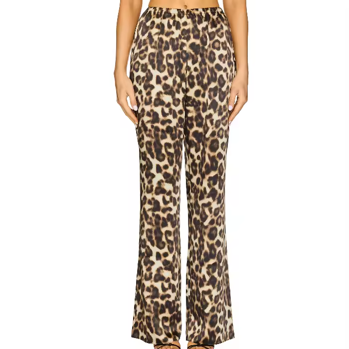 Factory Direct Sale Women's Satin Pants With Custom Logo Printing Breathable Mid Waist Leopard Print Bottoms