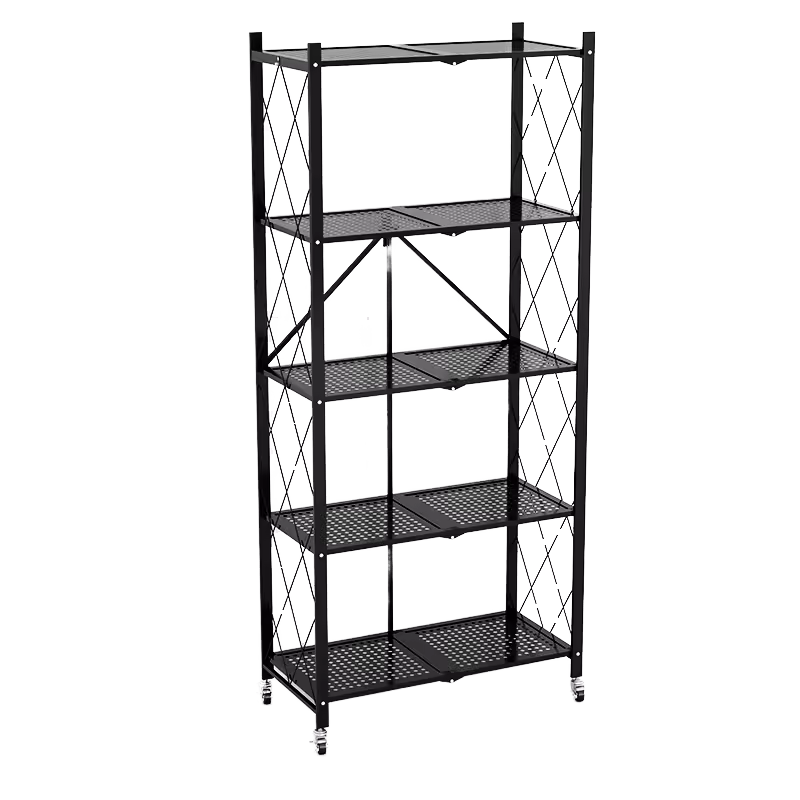 Home & Kitchen Organizer Folding Storage Rack Metal Display Shelf with Wheels Foldable Kitchen Storage Shelf Supplier