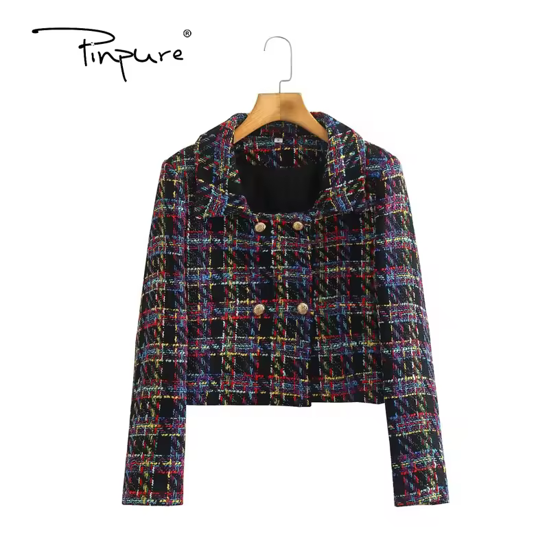 R31052s Plaid Tweed Blazer Jacket Women Double Breasted Fashion Short Suit Jacket High Quality Loose Spring Autumn Blazers Coat