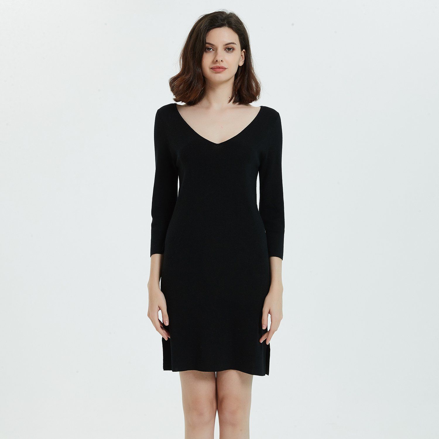 Ladies Fashion Silk & Cashmere Blended Long Pullover Wide V-Neck Sweater Dress