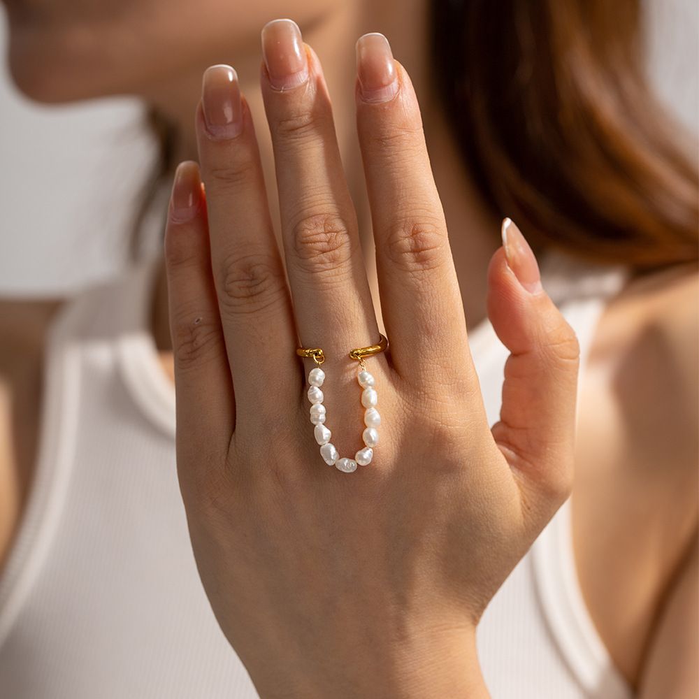 Ins Minimalist Double Layer Design Premium Feeling Light Luxury Ring + Freshwater Pearls Minimalist Niche No Color Loss Ring