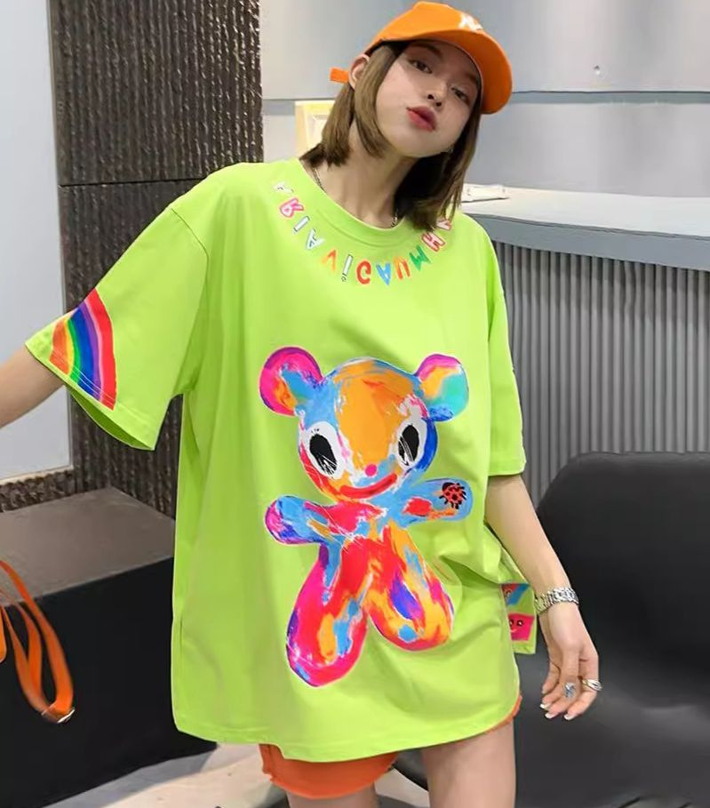 2024 Oversized New Graffiti Short Sleeved Girl's Summer Washed and Worn off Shoulder Sleeve T-Shirt