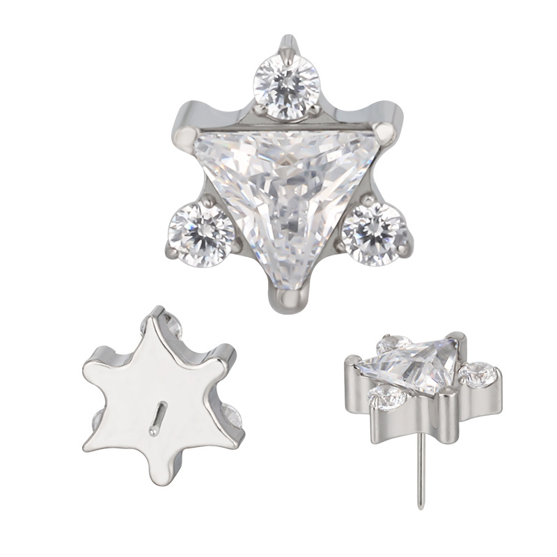 Gzn Ready to Ship Piercing Jewelry Titanium Push Pin CNC Set Triangle CZ with 3 CZ Arround Labret Helix Earring Top