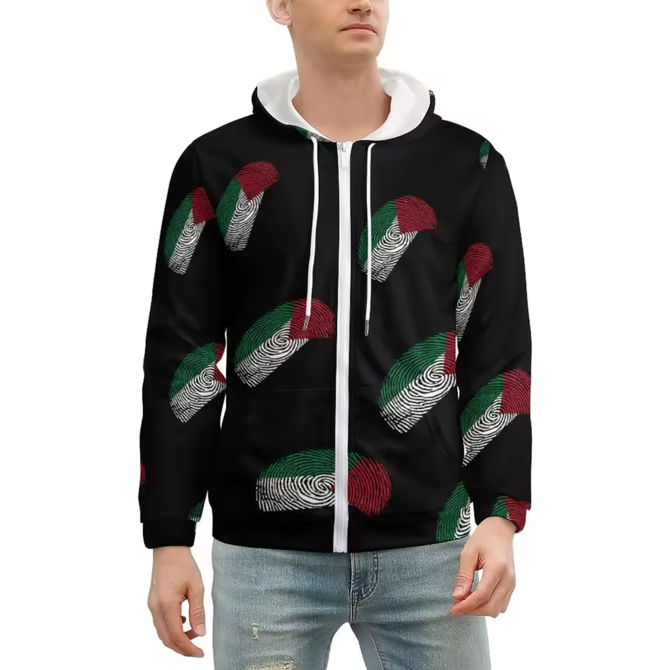 Fitspi Wholesale Flag Of Palestine Finger Men's Zip Up Hoodie Long Sleeve Hooded Sweatshirt Jacket With Pockets