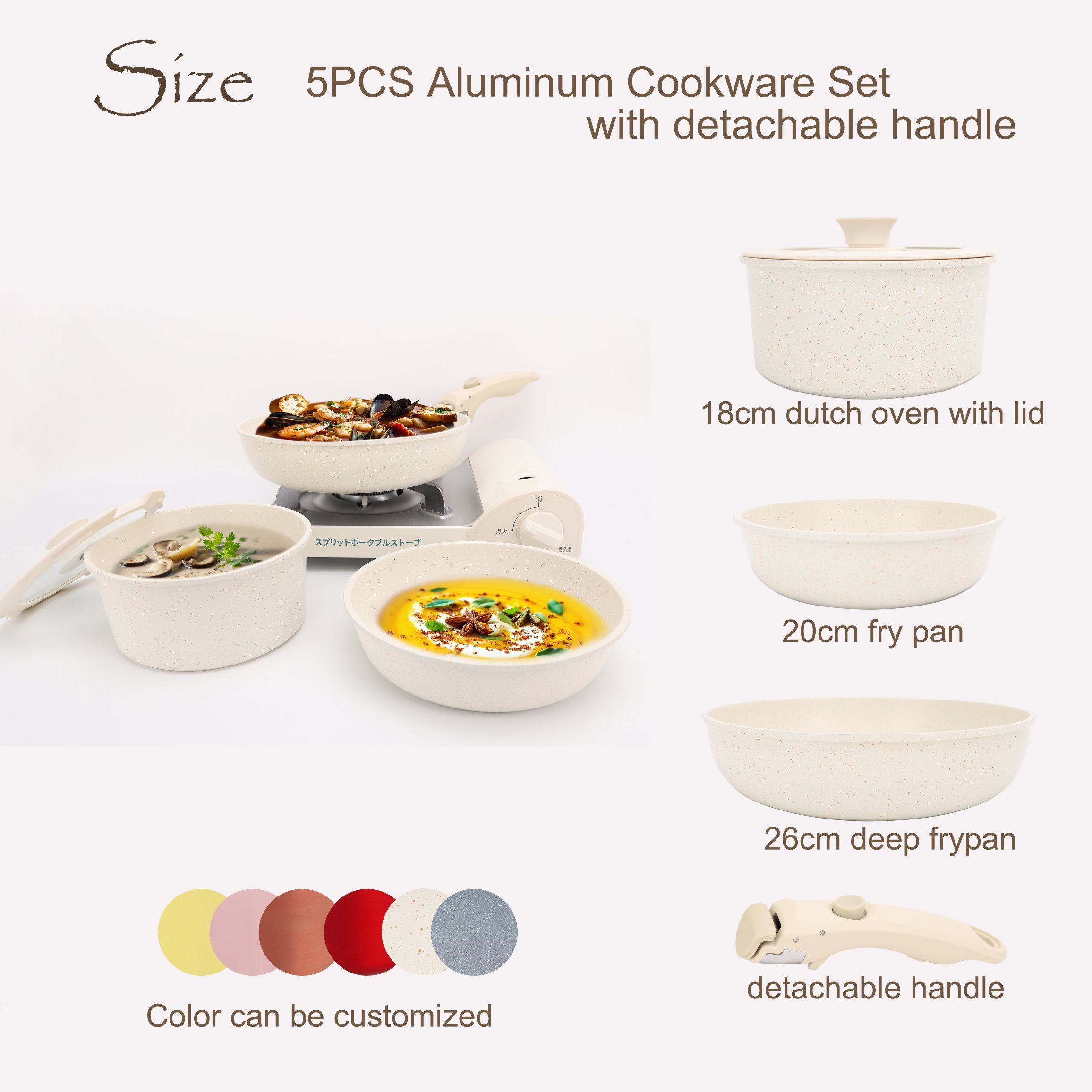 Factory Price 5PCS Detachable Handle Cooking Soup Pots Frying Pan Set Ceramic Nonstick Aluminum Non Stick Cookware Set