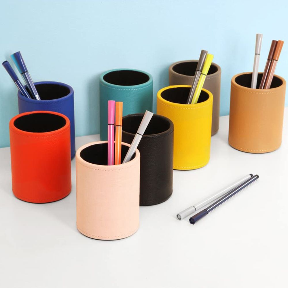 Promotional Stationery Office Gift Branded Logo Brushes Container Cylindrical Pen Holder Leather
