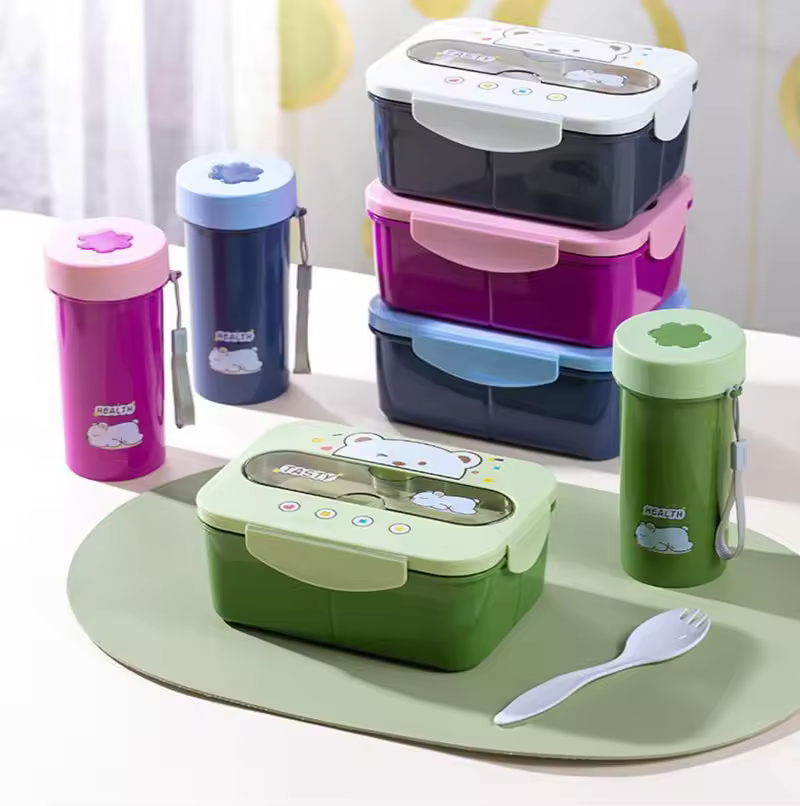 Wholesale 1200ml 3 Compartments Adult Lunch Box Set With Fork Cute Plastic Kids Lunch Box With Water Bottle