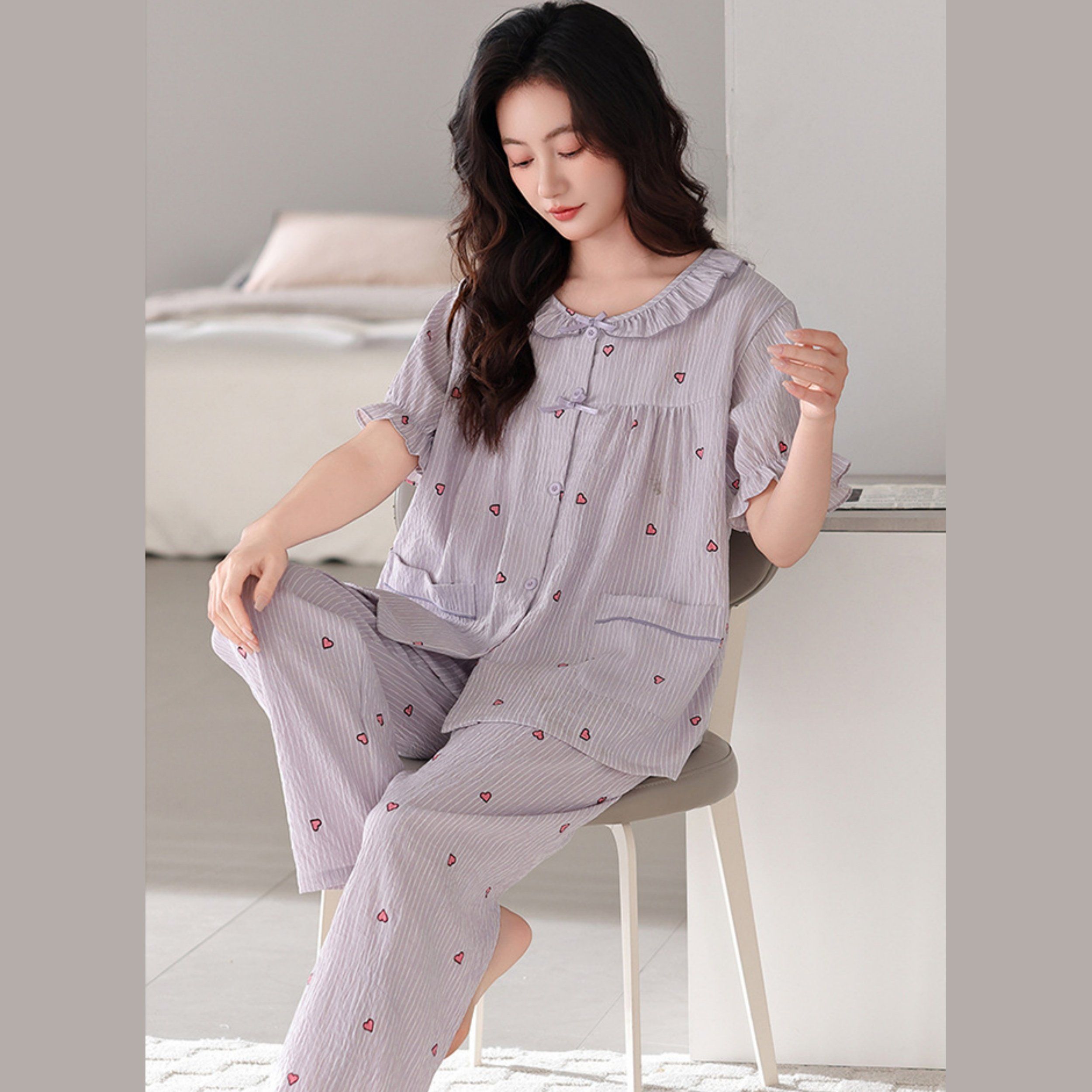 Customizable Summer Short-Sleeve Long Pants Set, Thin Round-Neck Open-Front Loungewear Pajamas