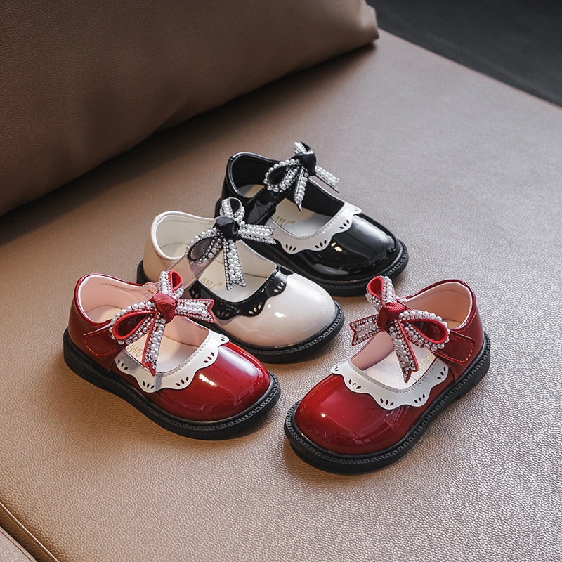 Girl's Princess Shoes Wine Red Black Ruffles PU Leather Bowknot Children Flat Shoes 21-30 Toddler Kids Single Shoe