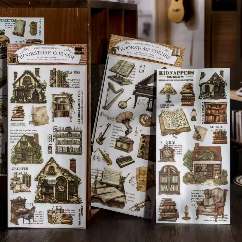 2pcs/pack Pvc Aquascape Transfer Stickers Bookstore Corner Series Light Retro Handbook Bottoming Stickers