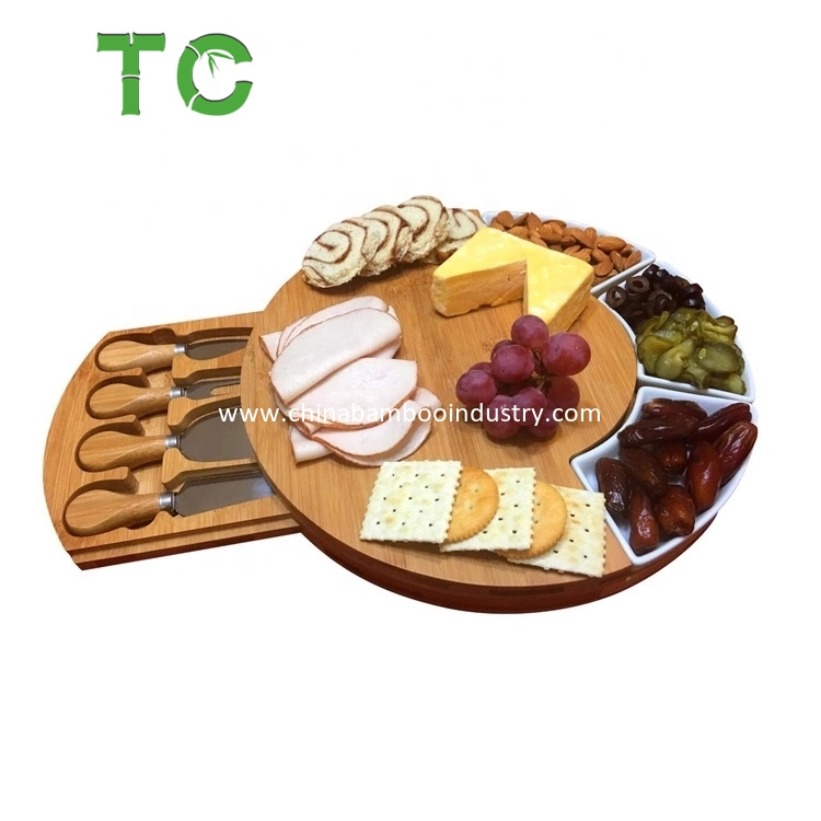 Factory Price Bamboo Cheese Board Set with Hidden Cutlery Drawer and Knife Set