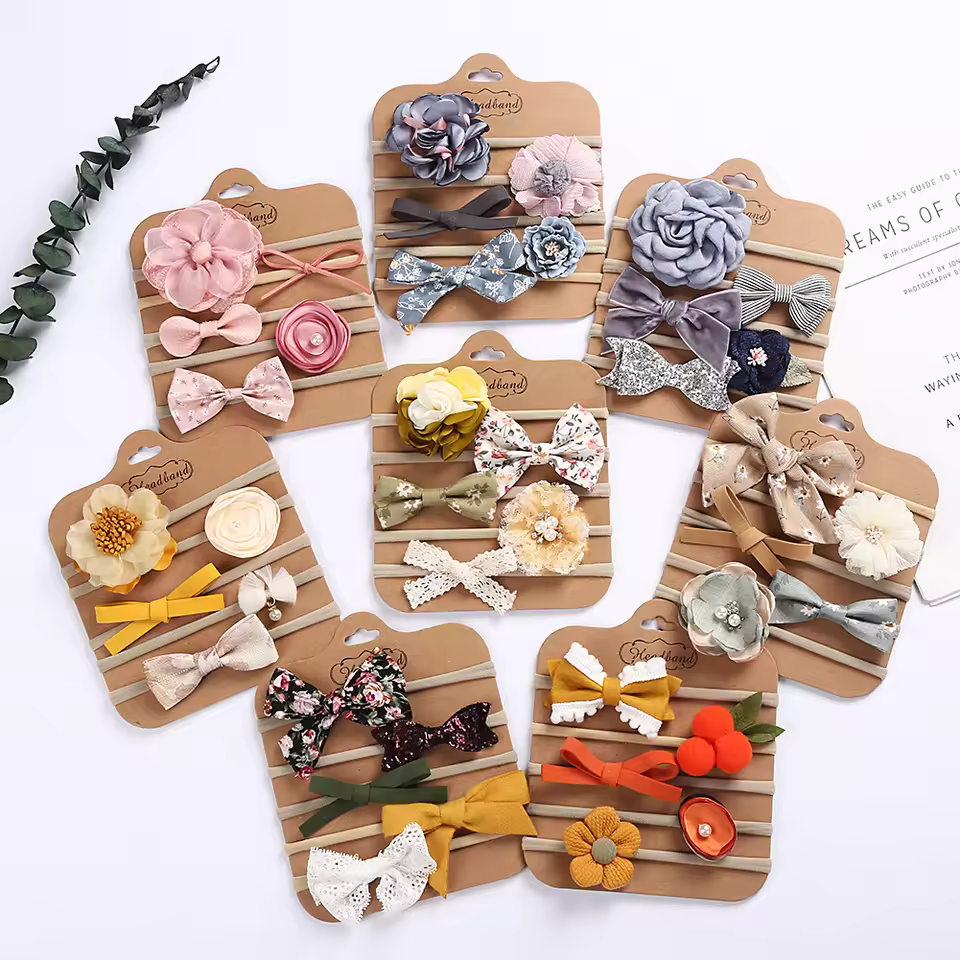 5pcs/lot Stylish Cute Bows Newborn Flower Elastic Swaddle Turban Princess Girls Hair Accessories Baby Hairband Set