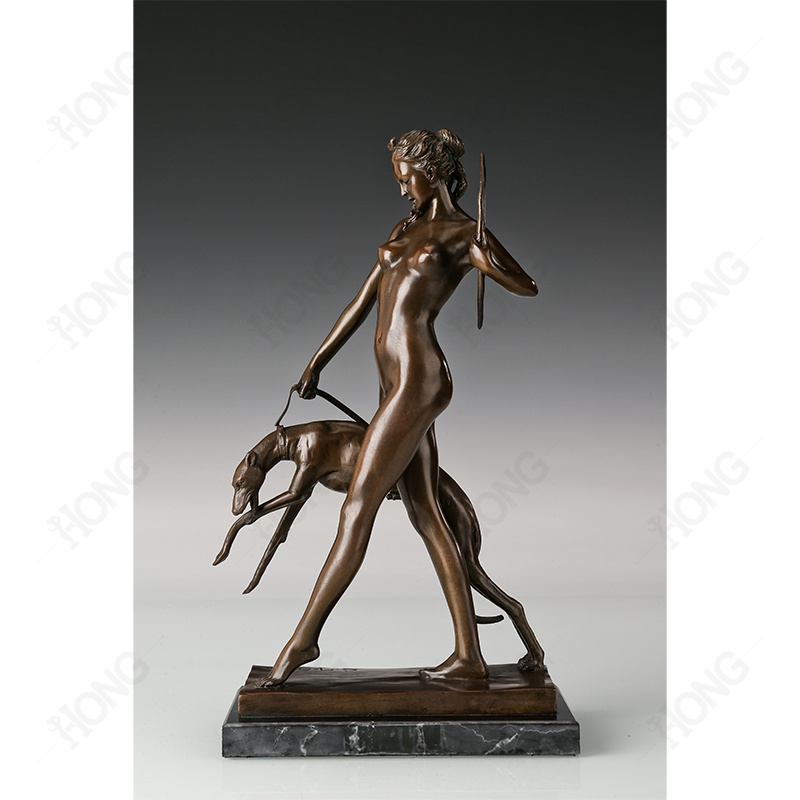 Artemis Bronze Sculpture with Bow and Hunting Dog for Home Decoration