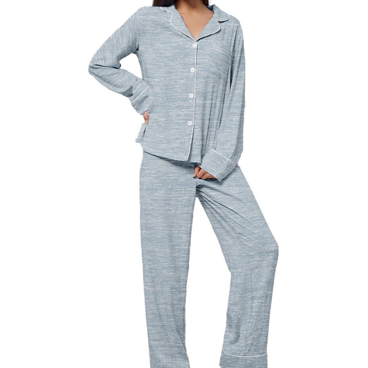 Customizable Women's Pajama Set with Shirt-Style Collar-All-Season Comfort Long Sleeve Loungewear in Soft Cotton