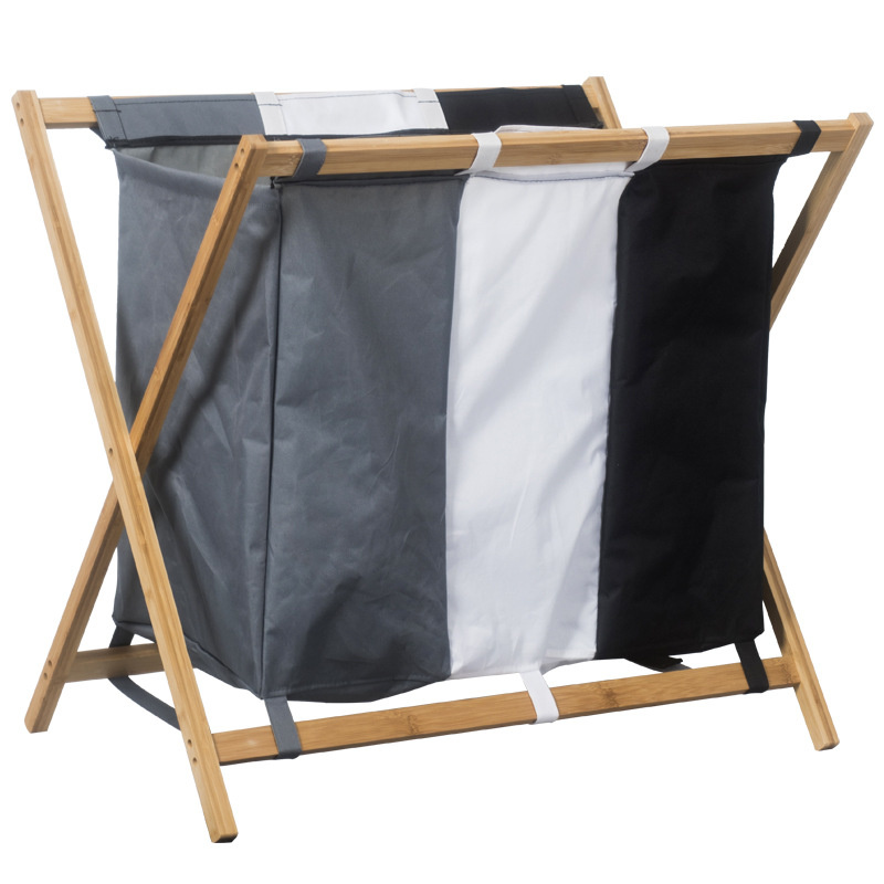 Sorter 3 Section Compartments Waterproof Foldable Laundry Hamper Basket with Bamboo Frame for Dirty Clothes