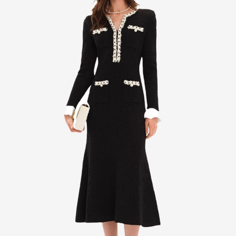 Round Neck Dress with Pearl Trim