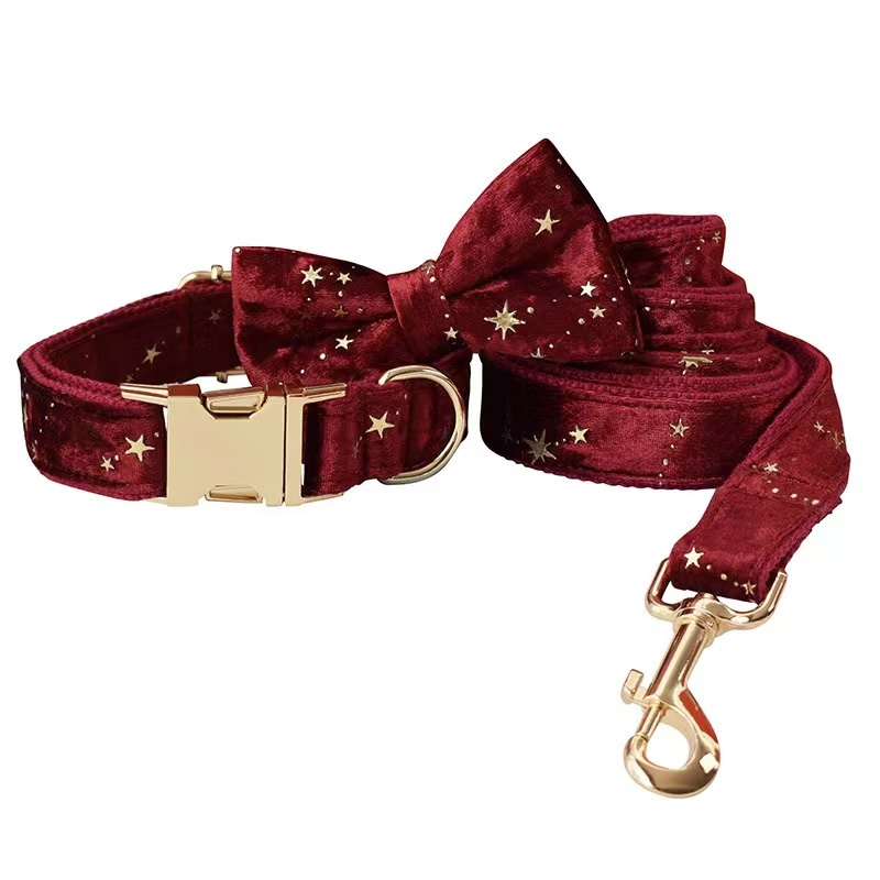 Christmas Gifts Luxury Wine Red Yellow Star Metal Hook and Buckle Dog Leash and Collar with Bow-Knot Set in Stock