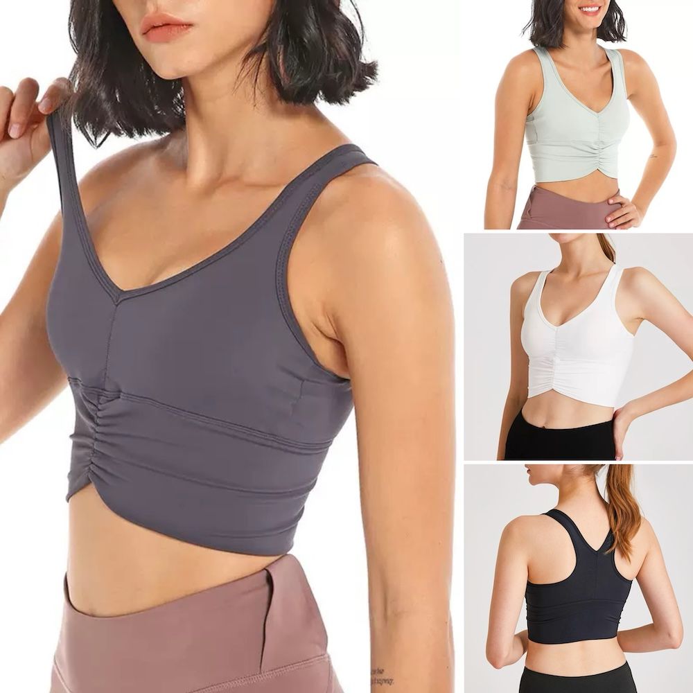 Tianchen Wholesale Plus Sized Sports Bra for Women, Longline Padded Yoga Vest Sexy V-Neck Cropped Active Tank Fitness Workout Running Tops