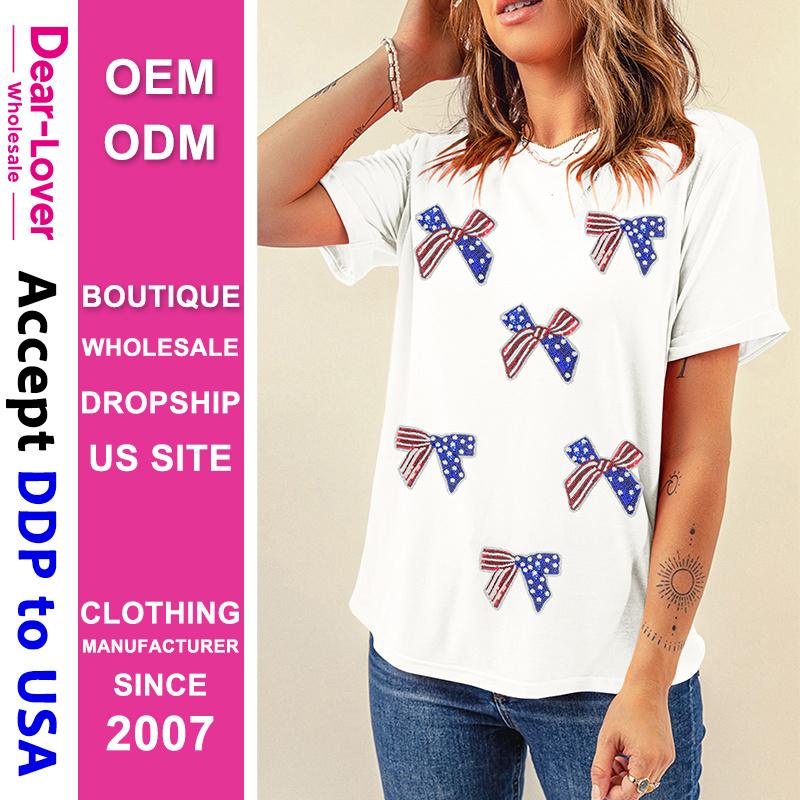 Dear-Lover Wholesale Dropshipping Boutique Clothing Women Manufacturers White Sequin Flag Bow Pattern Crew Neck Patriotic Women Graphic Tee Casual T Shirt