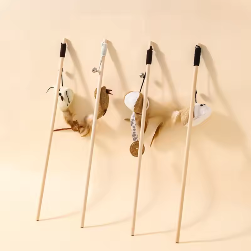 Wholesale Cat Teaser Toys Natural Feather High Elastic Rope Wooden Stick With Bells Cat Interactive Toys For Indoor Cats Play