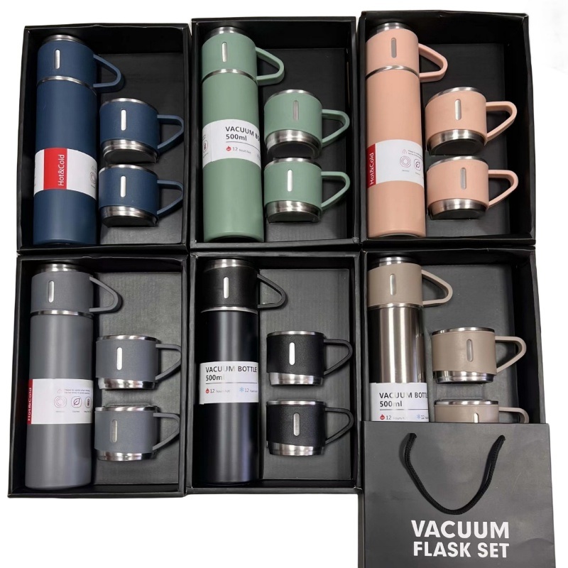 500ml Stainless Steel Insulated Thermos Bottle Sport Vacuum Flask Set Water Bottle Tea Mug Tumbler Gift Set Tea Bottle with 3 Lids