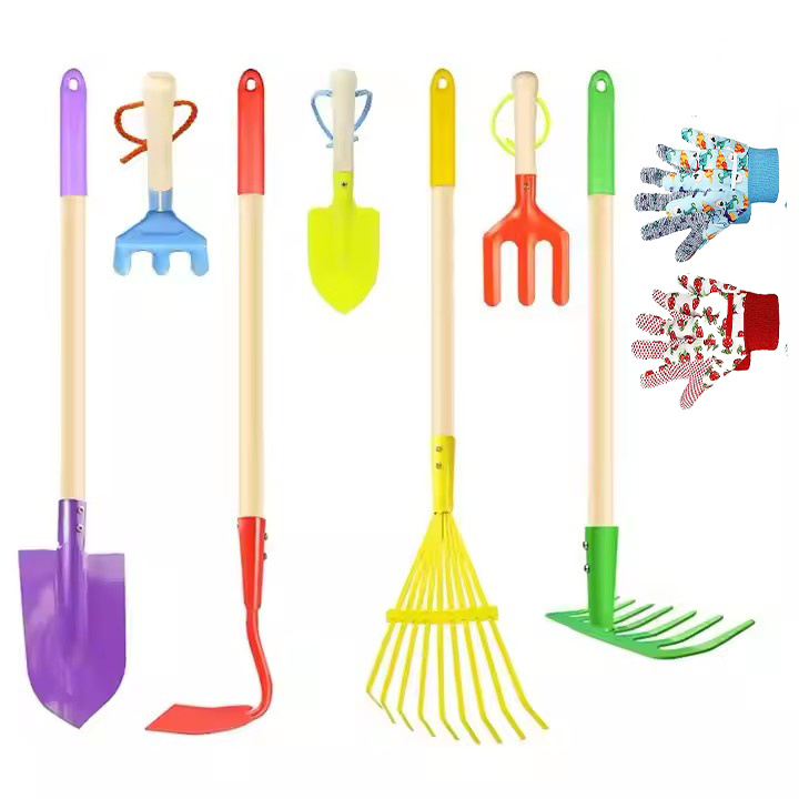 Children's Beach Garden Tool Set with Wood Handle Children's Shovels Long-Handled Hoes Plant Flowers Beach Combing Tools Planting Tools Succulent Gardening Tool