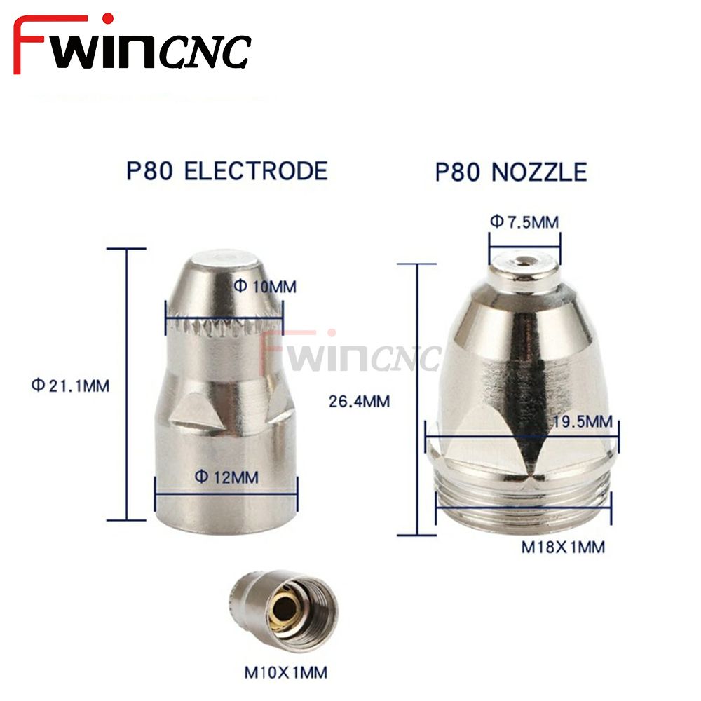 Fwincnc P80 Plasma Cutting Torch 100A Nozzle Contactable P80 Electrode 1.1 1.3 1.5 1.7 1.9mm Nozzle Tip Thickened