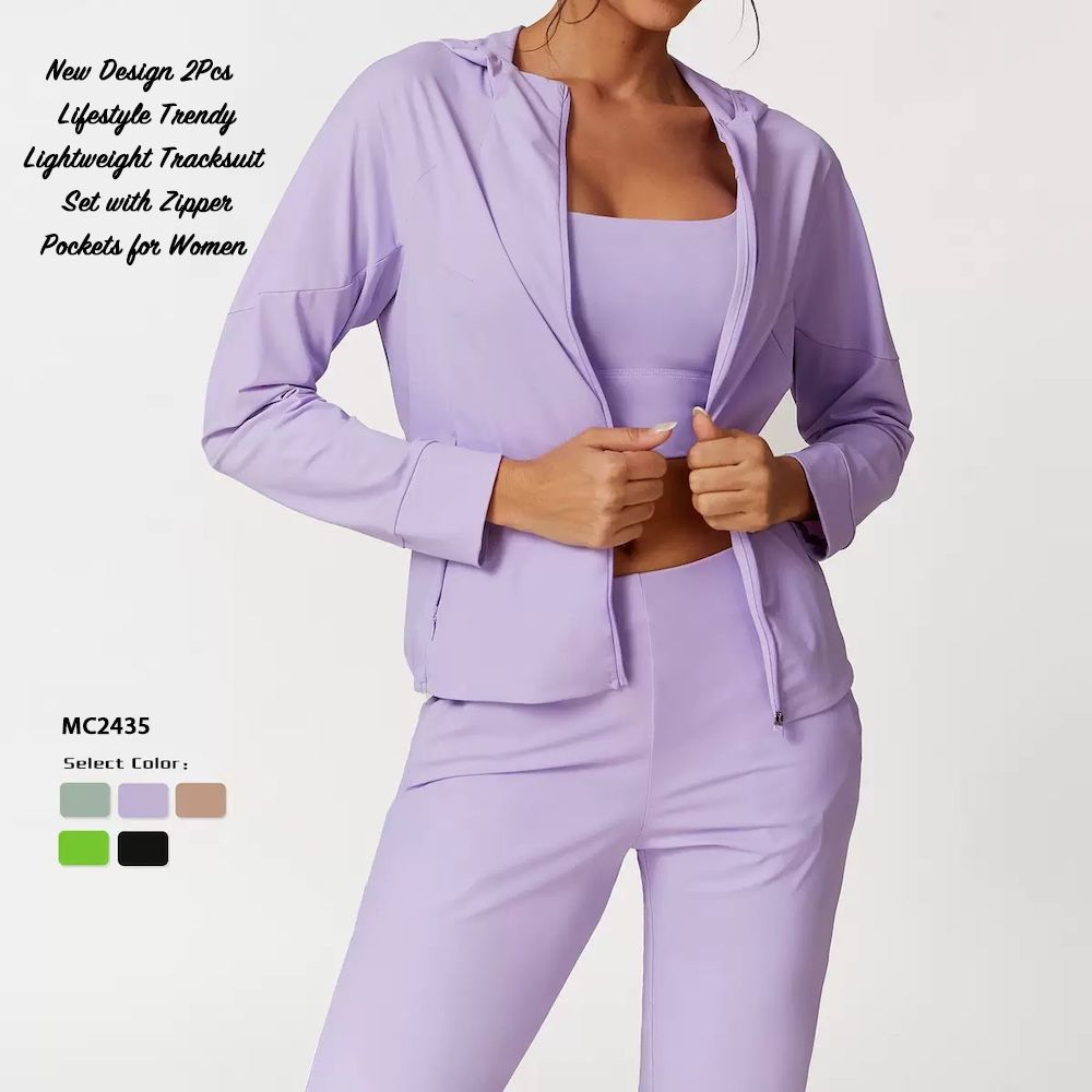 Factory OEM/ODM Premium Lounge Sportswear Hooded Tracksuits for Women, 2 Piece Set Running Zipper Jacket and Jogger Pants with Zipper Pockets