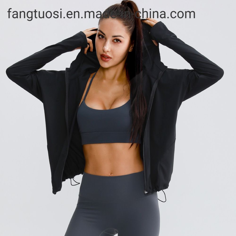 Breathable Nylon Spandex Fitness Women Clothing Hoodie Sweat Shirts Yoga Activewear Sports Jacket Zip Yoga Top