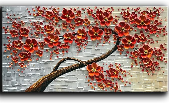 3D Texture Palette Knife Red Flowers Oil Painting for Home Decoration