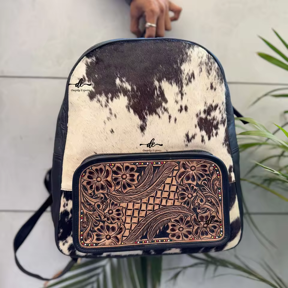 Western Cowhide Fur Leather Hand Tooled Carving Leather Backpack Stylish School Bags Unisex Backpack Wholesale Bulk Product