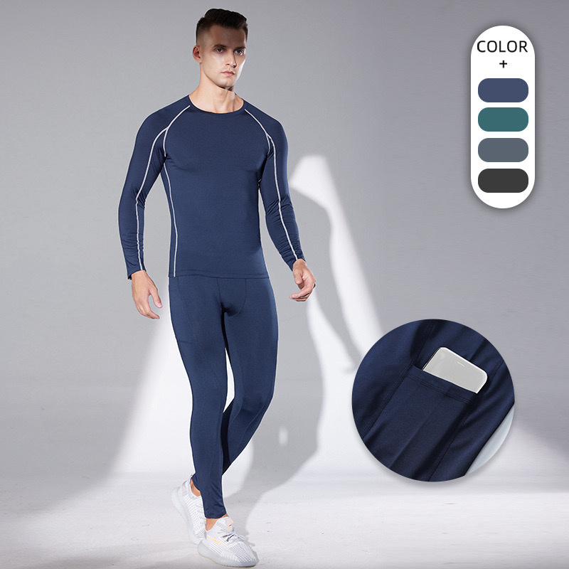 2PCS Muscle Fit Men's Compression Sportswear Suit Running Long-Sleeve Athletic Shirts Leggings with Pocket Training Base Layer Set