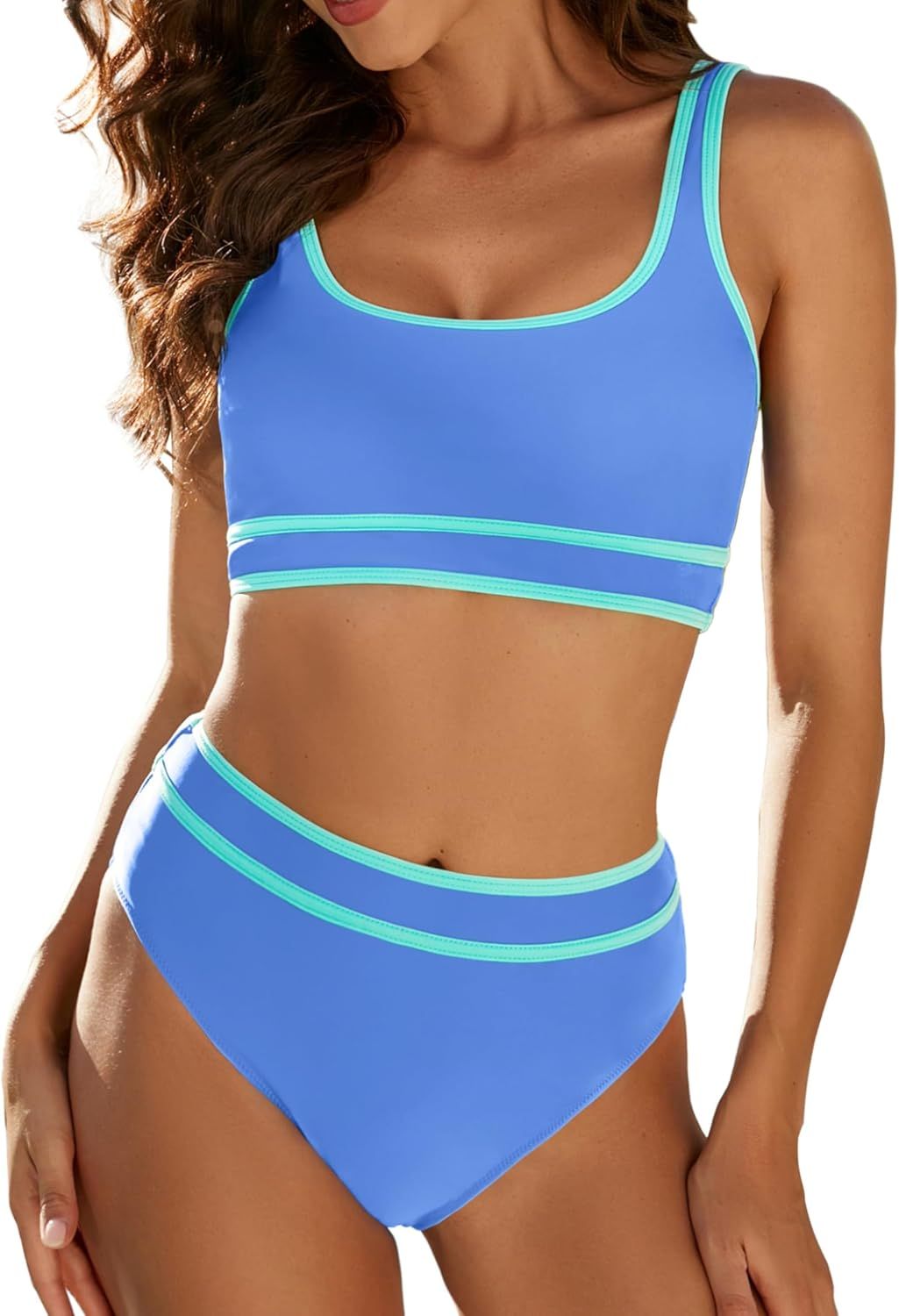 Women High Waisted Bikini Sets Two Piece Swimsuit Sporty Bathing Suit Color Block Swim Suits