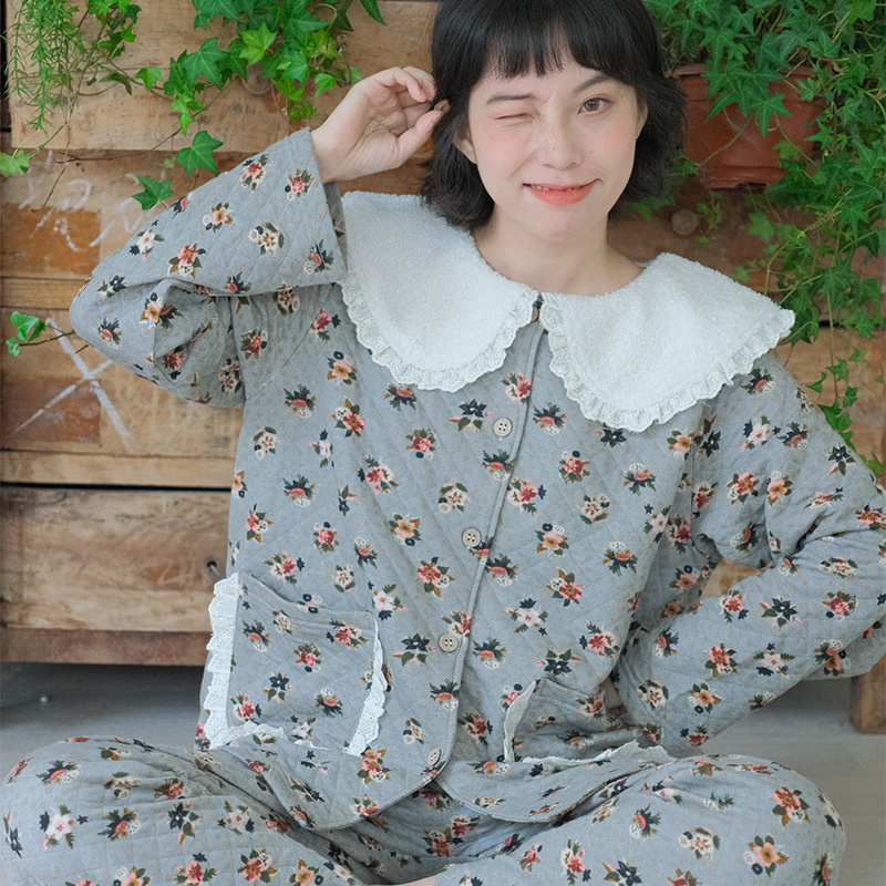 Customizable Vintage Floral Pajama Set with Air Layer Fabric & Quilted Padding-Thermal Winter Sleepwear for Women, Long Sleeve Loungewear Set