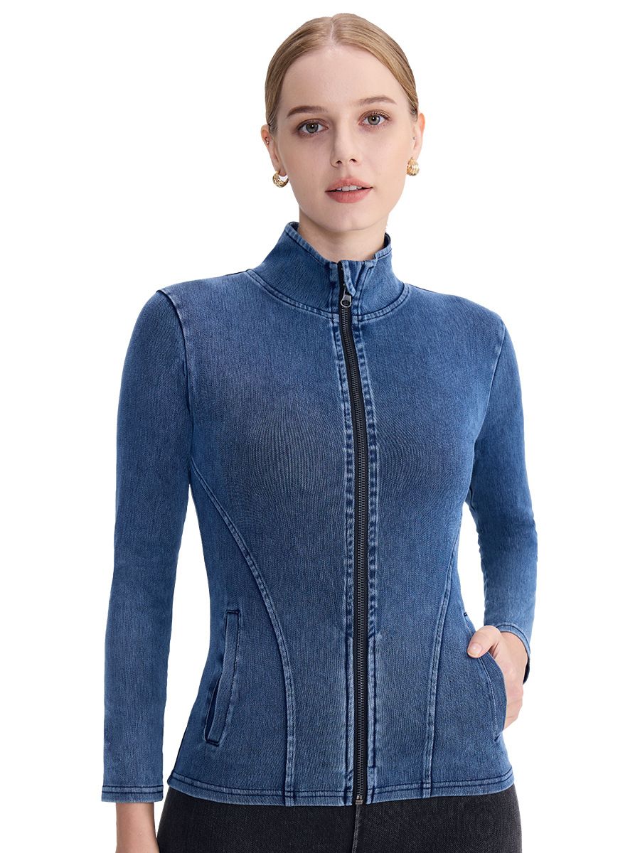 Autumn and Winter Women's New Denim Zipper Yoga Jacket Women's High Collar Slim Tights Double Pocket Sports Outer Wear Fitness Tops