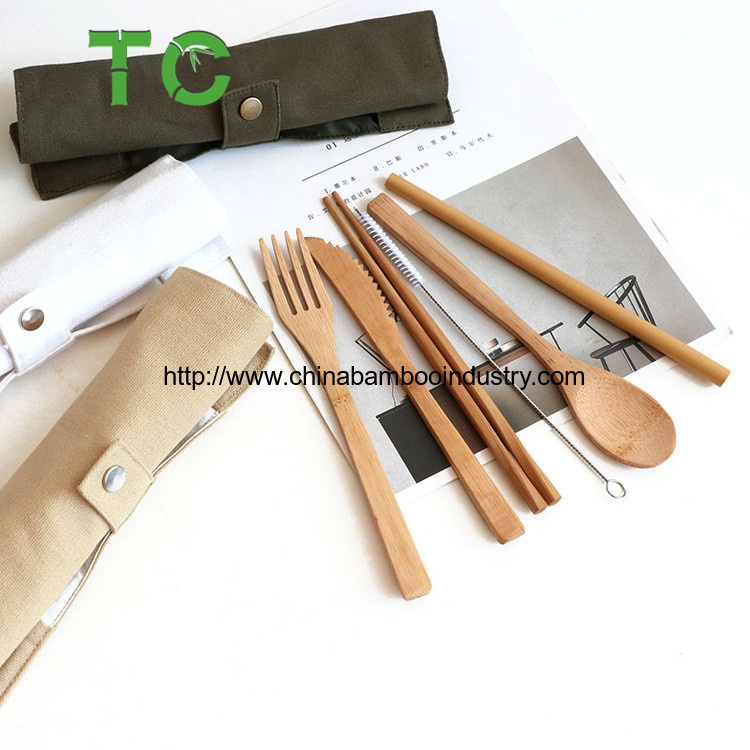 Unique Tableware Eco Friendly Bamboo Cutlery Sets Drinking Straw Knife Fork Spoon