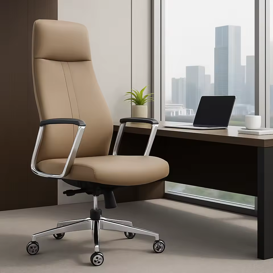 Oem Modern Executive High Back Office Chair With Brown Pu Leather Aluminum Armrest Tilt Mechanism And Chrome Base