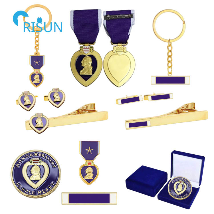 Military Veterans Purple Heart Cuff Link Cufflinks Tie Clip Bar Enamel Pin Lapel Pin Brooch Badge Key Ring Key Chain Keychain Keyring Medallas Medallion Medal