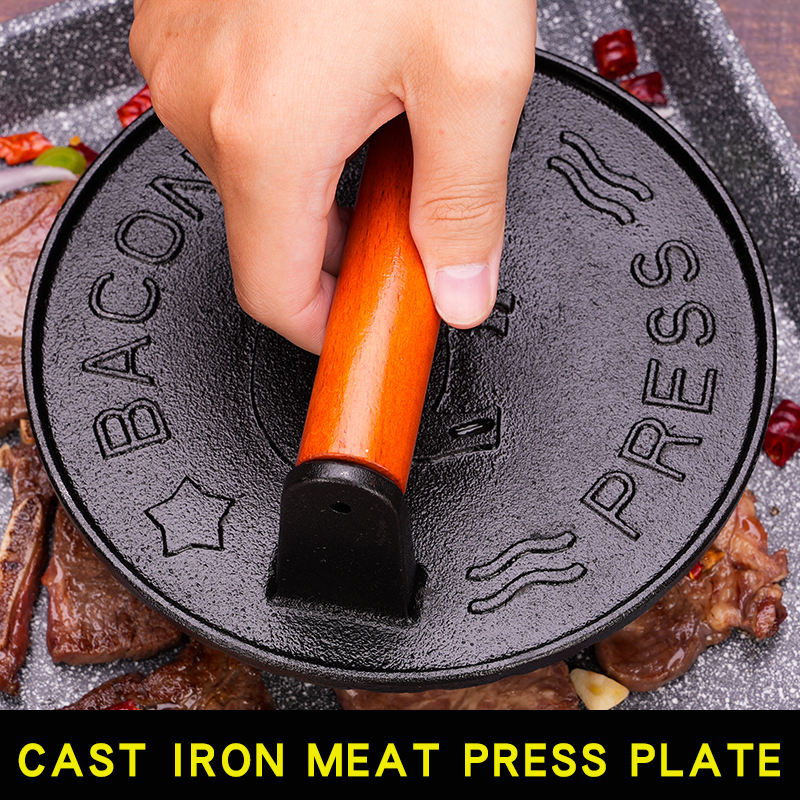 Cast Iron Press Steak Press Meat Plate Round Raw Iron Squid Roast Tool Wooden Handle Press Plate