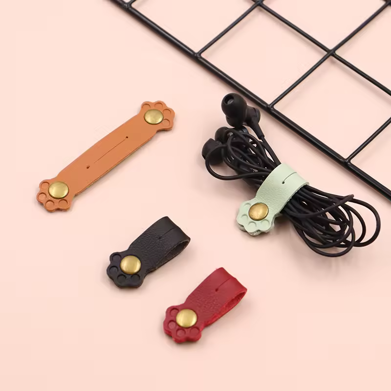 Logo Earphone Leather Cable Ties Usb Charger Wire Cord Clips Desk Organizer Winder Wrap Straps Headphone Holder Office Storage