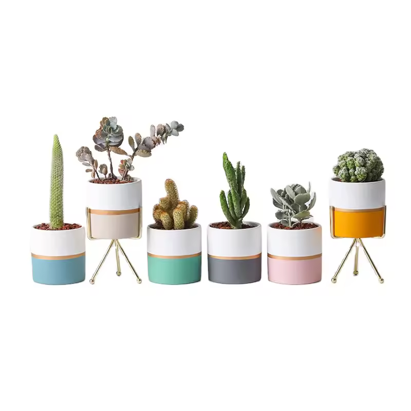 Ceramic Flowerpot Indoor Pot Plant Planter Green Glazed Home Decor Sets Succulent Cactus Flower Pots Gold Minimalist 2pcs