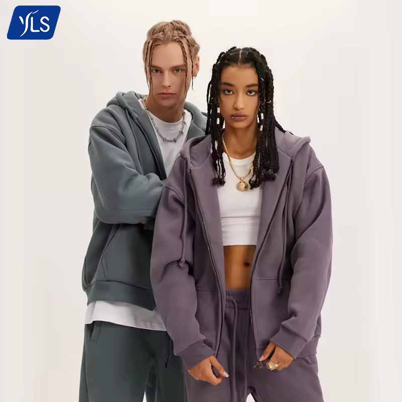 Yls Wholesale Street Style Men Plain Heavyweight Zip Up Hoodie Custom Logo Oversized 42% Cotton 58% Polyester Blank Hoodies
