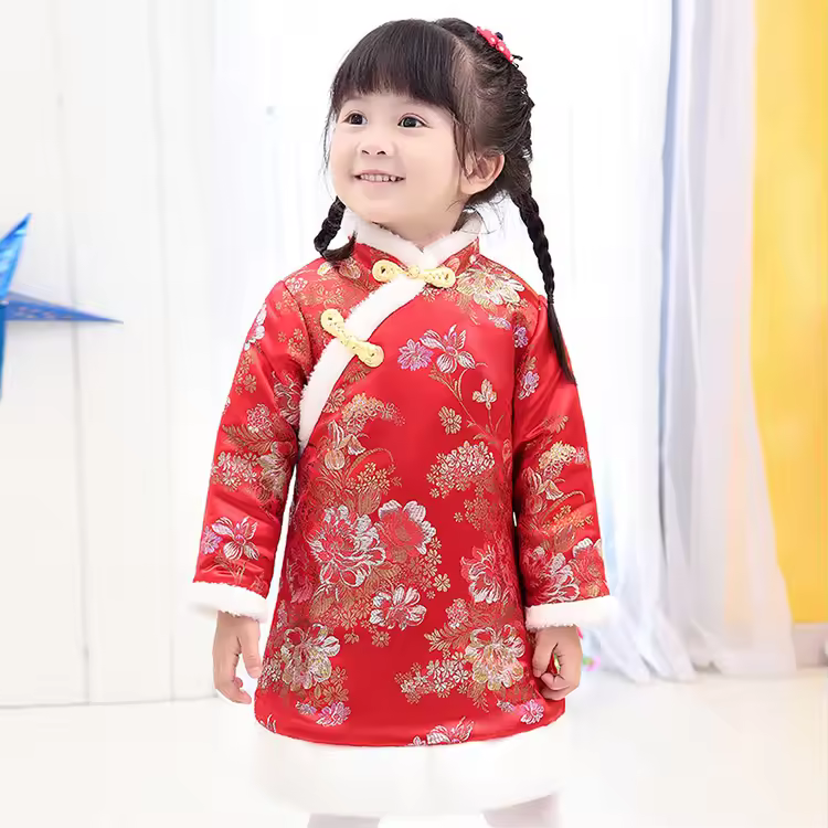 Cheongsam Girl Baby Red Winter Long Sleeve Thick Cotton Retro Chinese Traditional Style Red Baby Girl Cheongsam Dress