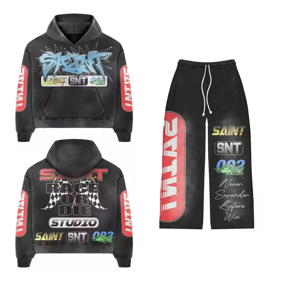 Trendy Hip Hop Streetwear Tracksuit Casual Long Sleeve Hoodie Joggers With Drawstring Allover Screen Print Kangaroo Pocket