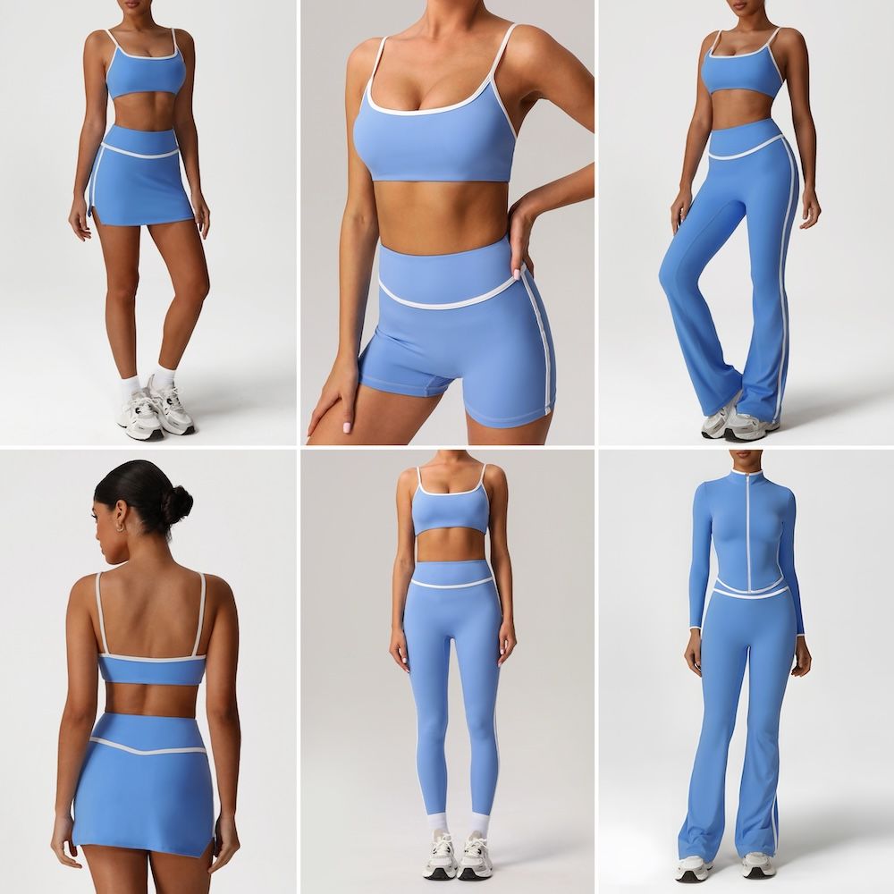 Wholesale 6 Piece Patchwork Workout Sets Striped Compression Yoga Outfits for Women, Casual Stretchy Jogging Tracksuits Gym Tennis Wear Athletic Clothing