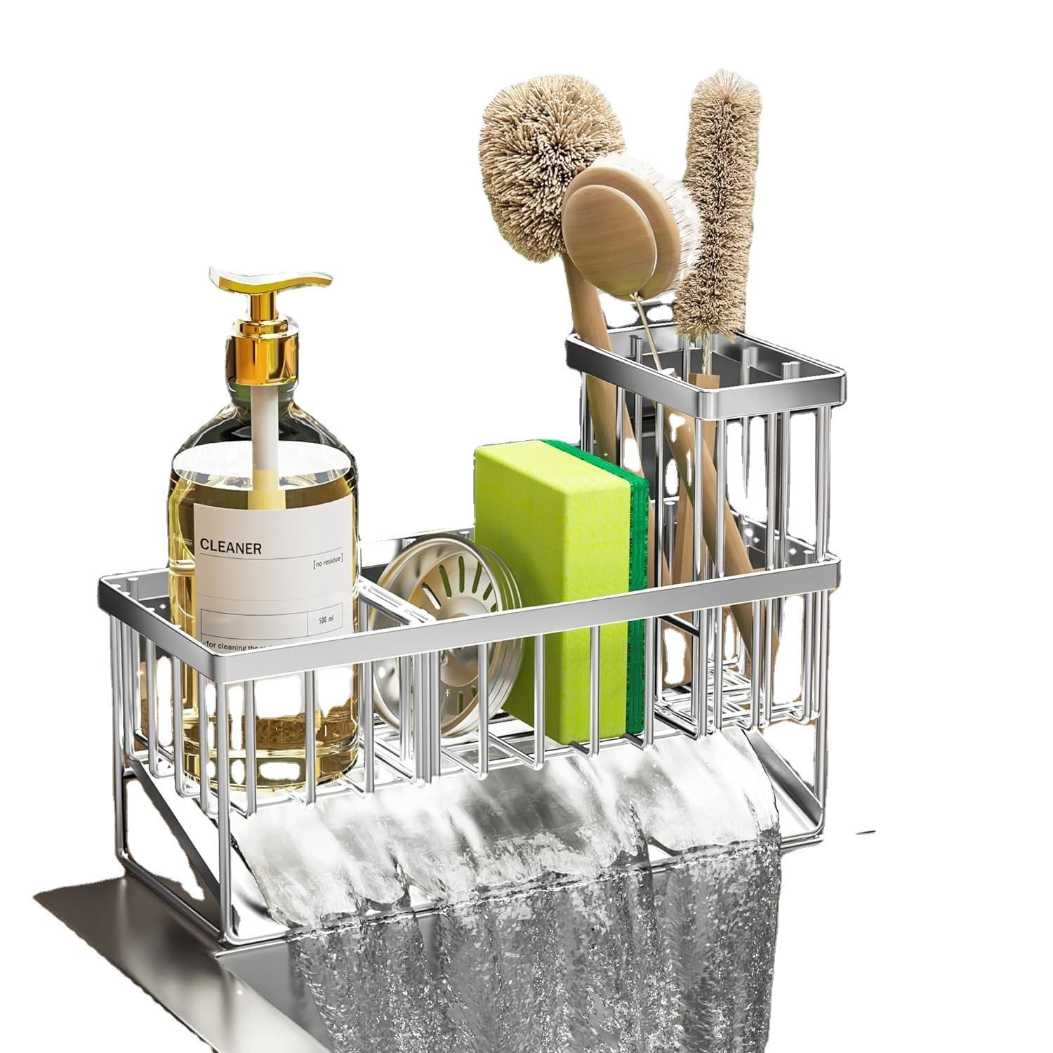 Stainless Steel Kitchen Sink Organizer with Safety Bar & Removable Drain Pan