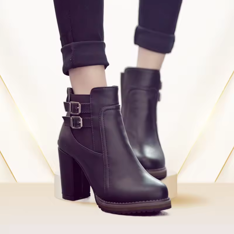 British Retro Thick Heeled Belt Buckle Short Boots,Korean Version High Heeled Elastic Women's Short Boots