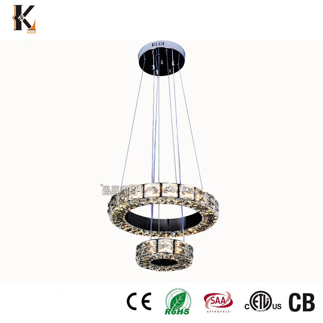 Pendant Light Manufacturers Ready to Ship China Modern Crystal Chandelier in Black, Round Adjustable Hanging Lighting for Living Room