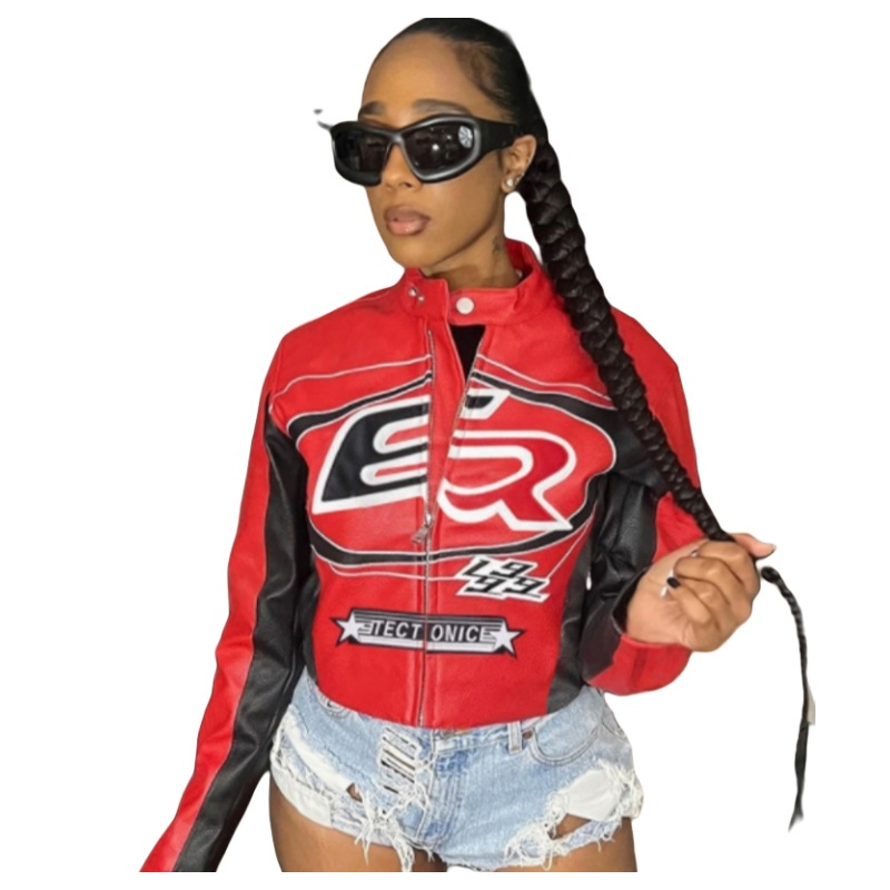 Sexy Jacket Crop Top with Zipper Contrast Color Embroidery Short Fashionable Outerwear