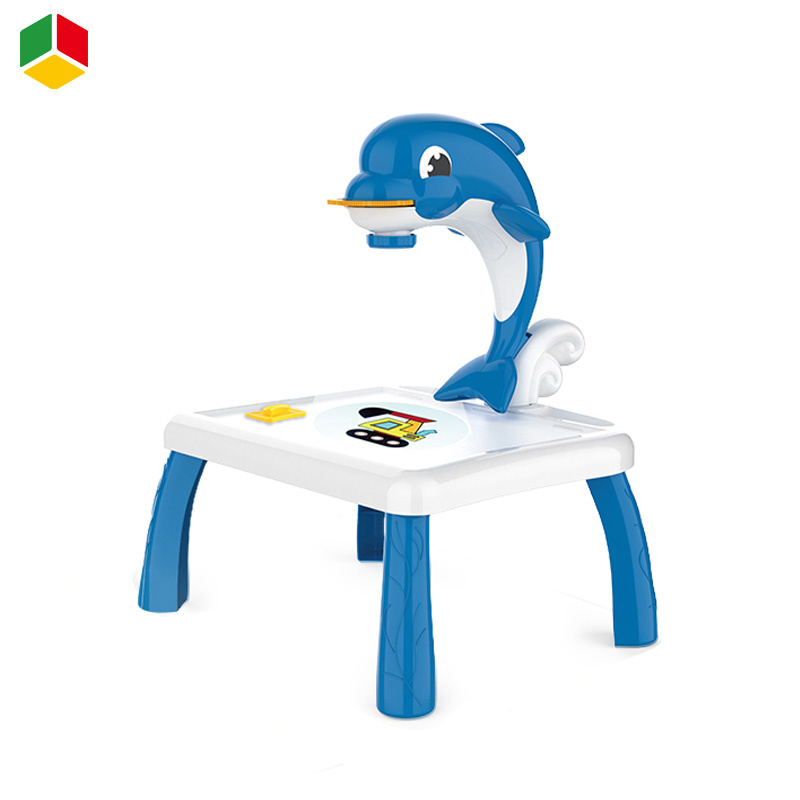 Qstoys Light up Musical Children LED Projection Art Education Drawing Writing Board Projector Table Toys with Block